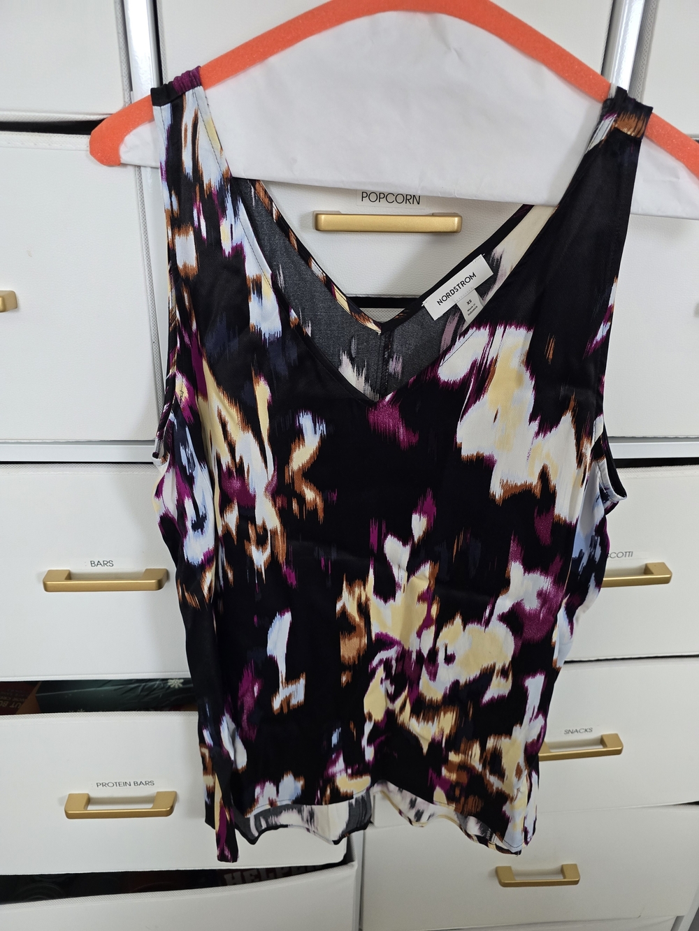 Nordstrom Black V-Neck Floral-Print Camisole with Purple & Cream Accents